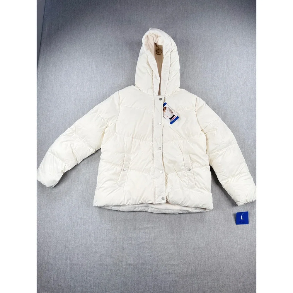 32 Degrees Heat Womens White Faux Fur Lined Hooded Puffer Jacket 1896895 L